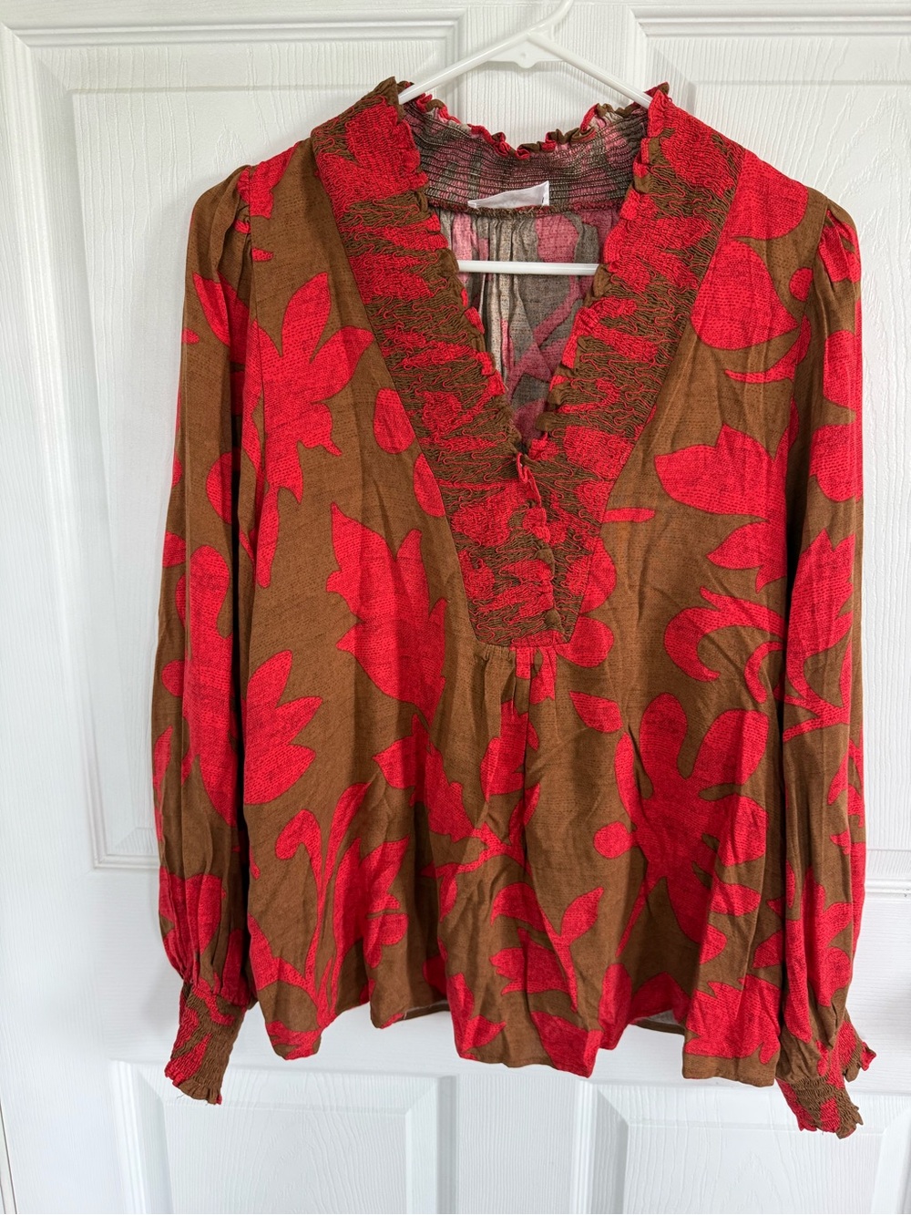 Anthropologie R2 Small Brown Red Floral Smocked Boho Blouse Fall Peasant Top